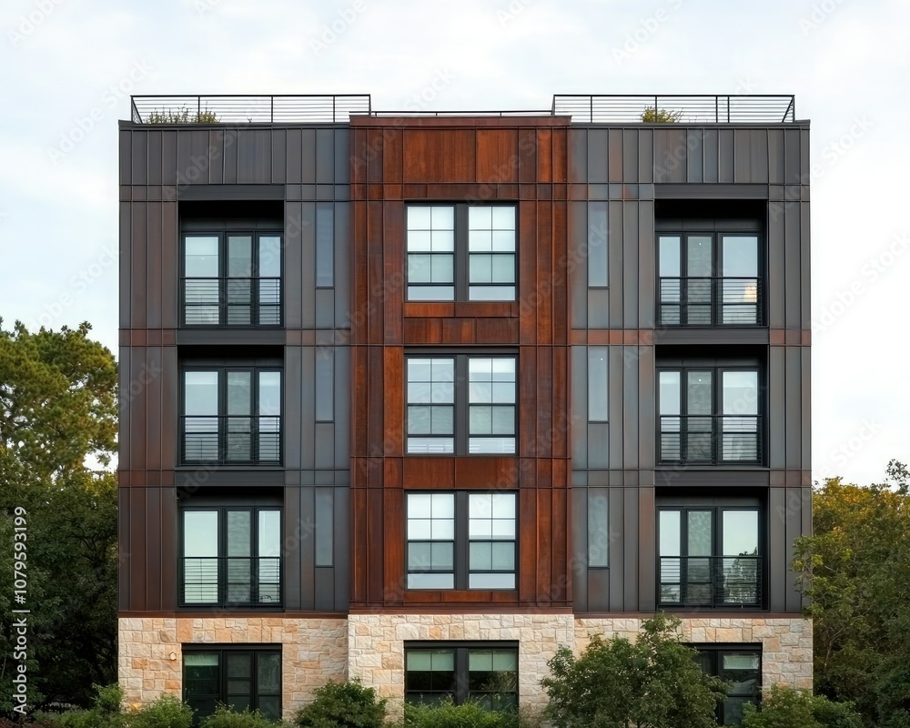 A modern building featuring a mix of materials, large windows, and a rooftop terrace, surrounded by greenery. A modern building featuring a mix of materials, large windows, and a rooftop terrace, surrounded by greenery.