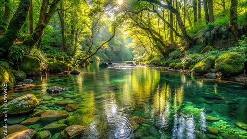 Sunbeams Filtering Through Lush Canopies, Reflecting on the Crystal Clear Water, Creating a Tranquil Scene of Serene Beauty