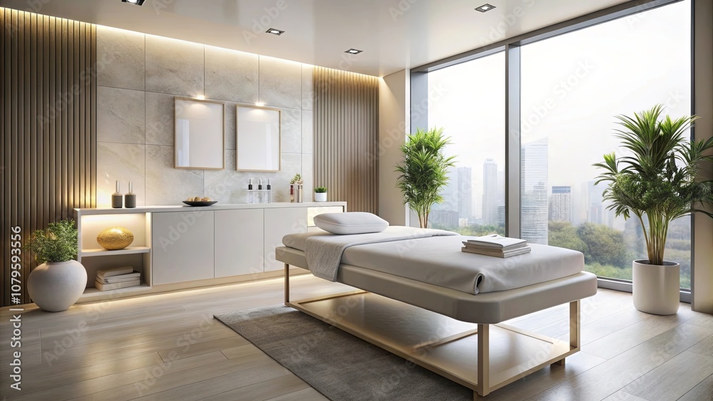 Fototapeta premium A minimalist treatment room with a white cushioned treatment table, wooden accents, and a view of the city through large windows.