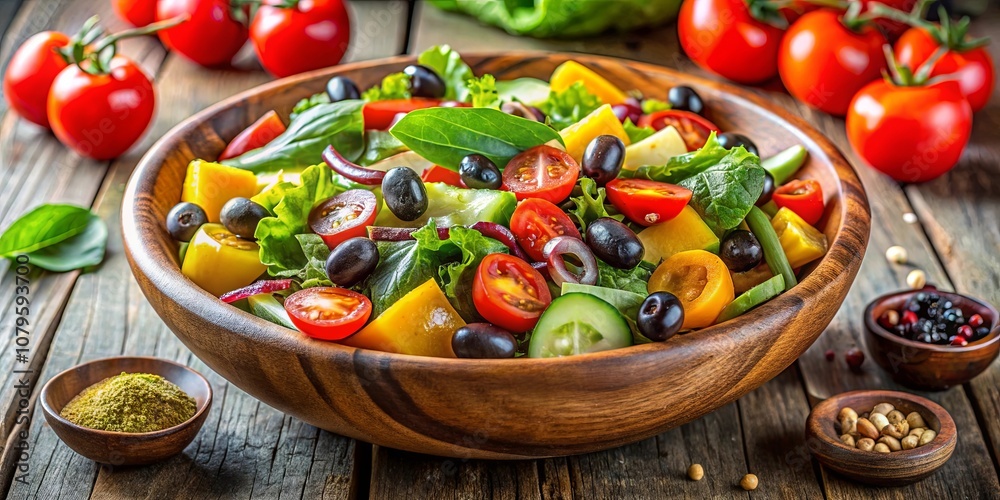 A vibrant and flavorful salad, with tomatoes, cucumbers, olives, and leafy greens, arranged in a rustic wooden bowl, ready to be enjoyed. A vibrant and flavorful salad, with tomatoes, cucumbers, olives, and leafy greens, arranged in a rustic wooden bowl, ready to be enjoyed.