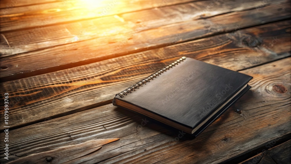 A closed spiral-bound notebook rests on a weathered wooden surface, bathed in soft, warm light.