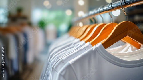 A row of pristine white t-shirts hangs neatly on a wooden clothing rack in a bustling retail store. The blurred background hints at other apparel displays.