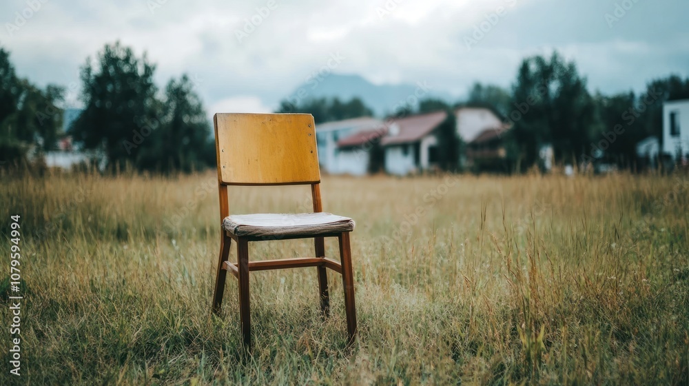 A solitary wooden chair stands in a grassy field under a cloudy sky. A solitary wooden chair stands in a grassy field under a cloudy sky.