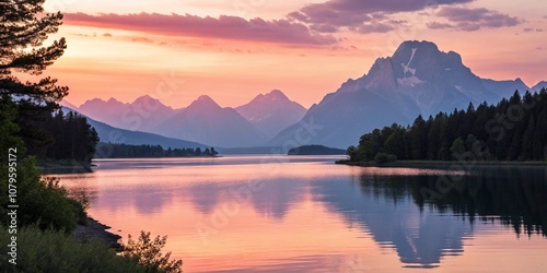 Calm lake surrounded by mountains at sunset, with pink and orange sky reflections.