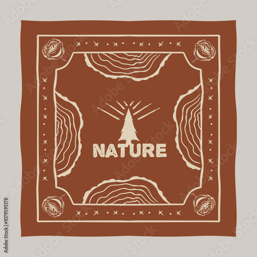 Rustic Nature-Inspired Bandana Design with Tree and Floral Motifs