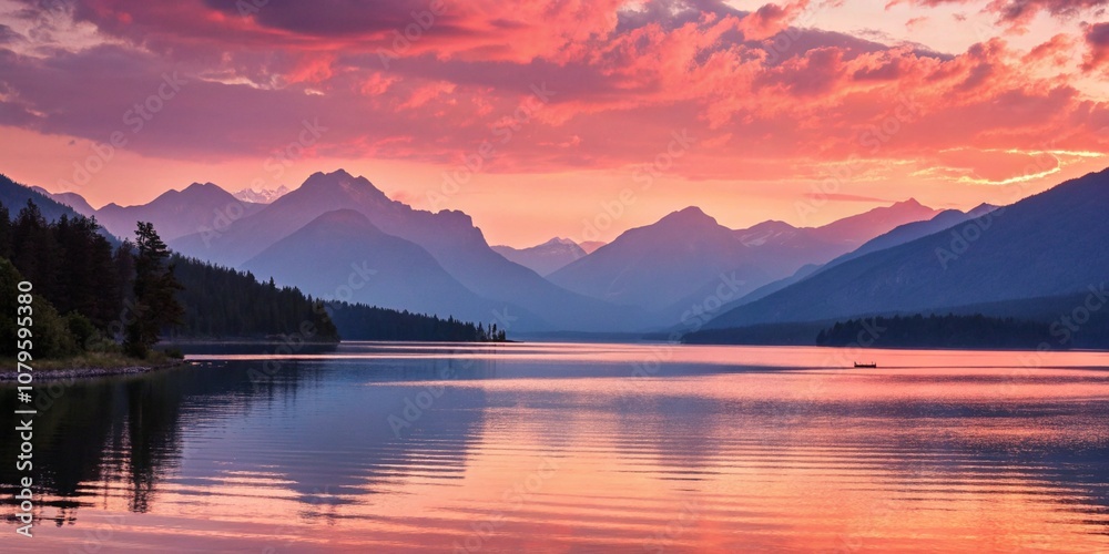 Fototapeta premium Calm lake surrounded by mountains at sunset, with pink and orange sky reflections.
