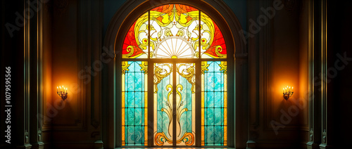 Art Nouveau Floral Stained Glass Window in Sunlit Archway