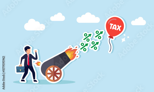 A businessman stands beside a cannon firing percentage bullets targeting a balloon labeled TAX, illustration of tax amnesty for business photo