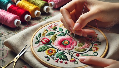 Close-up of a hand intricately embroidering a floral pattern onto a soft fabric using colorful threads. Generative AI