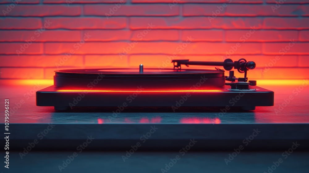 record player with dark neon light effect 3d rendering