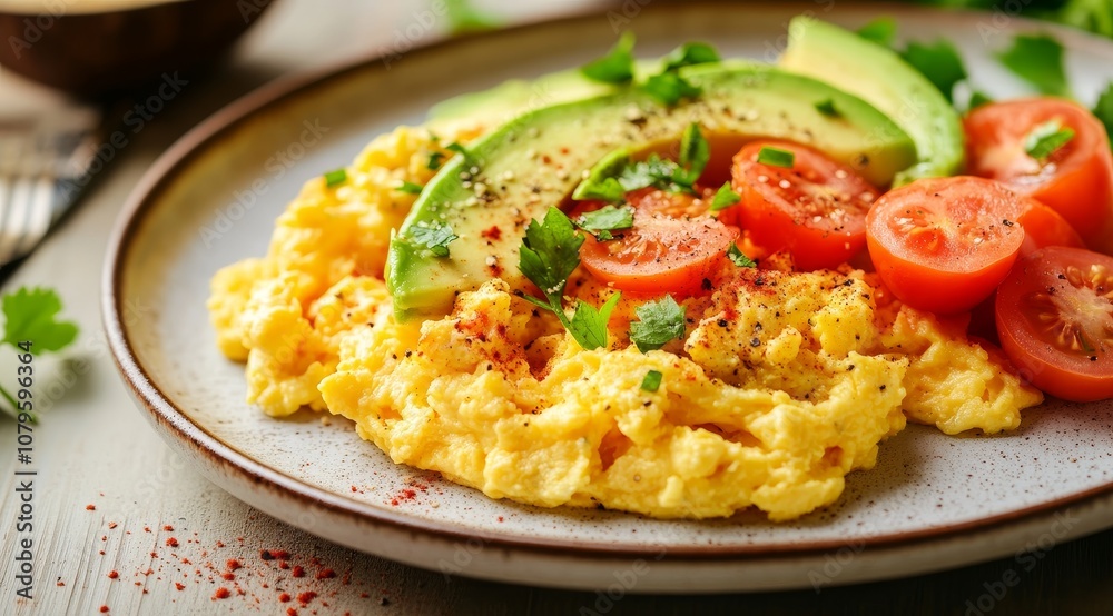 A plate of scrambled eggs with avocado and tomato slices. A plate of scrambled eggs with avocado and tomato slices.