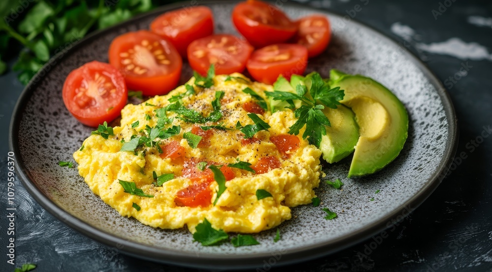 Scrambled eggs with tomato and avocado on a gray plate. Scrambled eggs with tomato and avocado on a gray plate.