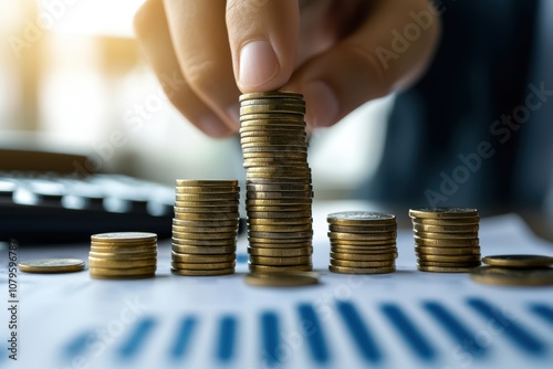 A close-up of a businessman’s hand stacking coins into growing piles, representing economic growth and financial planning, with a blurred background of office documents and a calculator