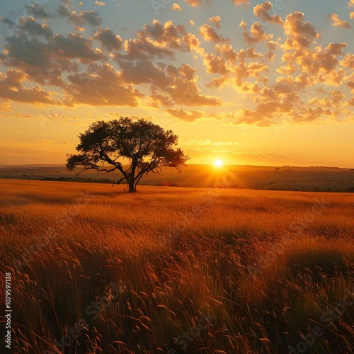 A tree stands in a field of tall grass as the sun sets in the background