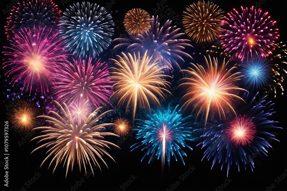 Naklejka premium Colorful fireworks lighting up the night sky in celebration, with bright explosions and sparkling stars, perfect for a festive holiday or New Year's event
