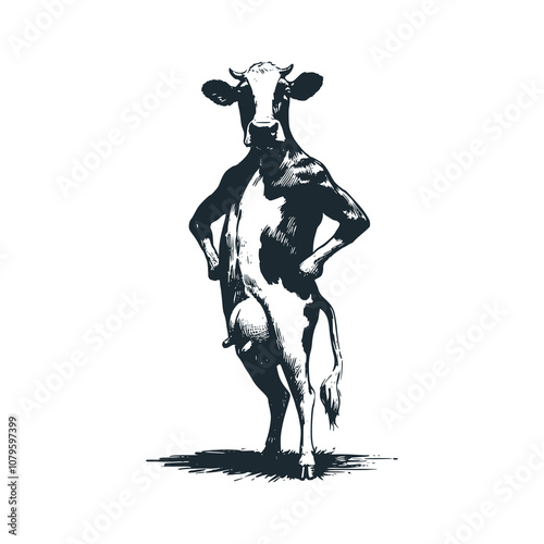 Cow standing upright. Black white vector illustration.