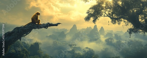 Monkey sits on branch overlooking misty jungle.