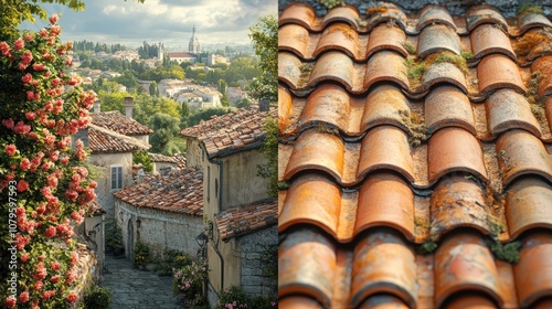 A picturesque view of a European town with red tile roofs and blooming roses. photo