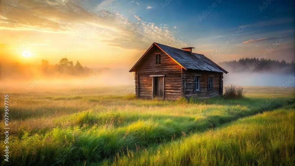 A solitary wooden cabin stands amidst a field of tall green grass, shrouded in ethereal morning mist, as the golden rays of sunrise illuminate the landscape. A solitary wooden cabin stands amidst a field of tall green grass, shrouded in ethereal morning mist, as the golden rays of sunrise illuminate the landscape.
