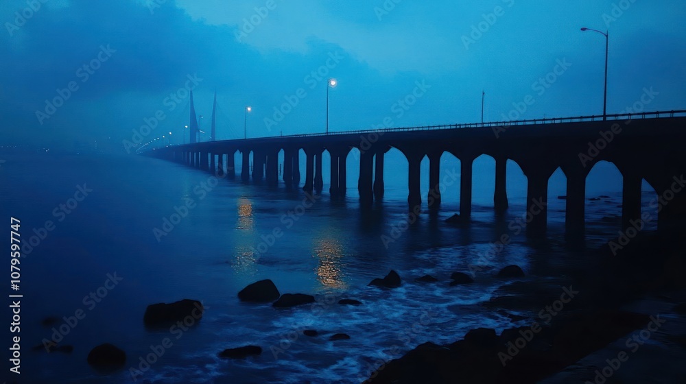 Obraz premium A long pier with arches stretches out into the foggy water, lit by streetlamps and a distant tower, casting a mystical glow.
