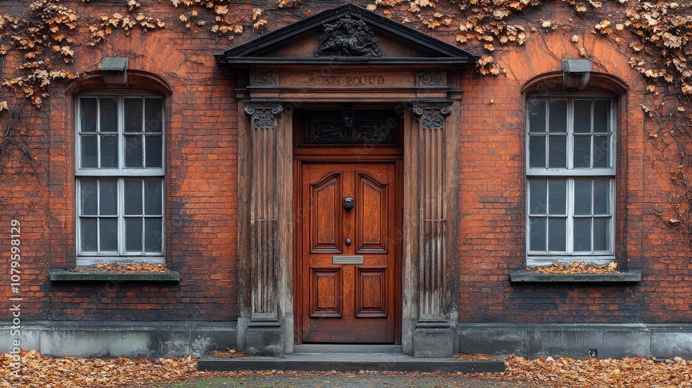 A charming brick building entrance adorned with autumn leaves. A charming brick building entrance adorned with autumn leaves.