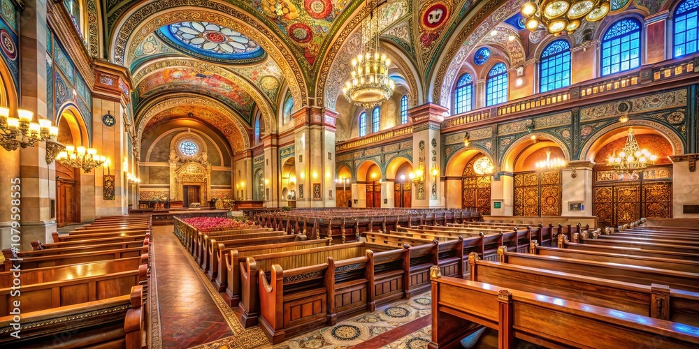 Obraz premium A sanctuary of ornate arches, stained glass, and intricate details, bathed in the warm glow of golden chandeliers, inviting quiet contemplation and reverence.