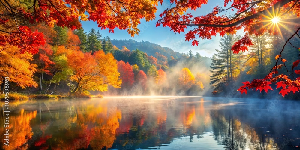 A serene lake reflects the golden hues of autumn foliage, shrouded in ethereal mist, with the sun peeking through the canopy, casting a warm glow over the tranquil scene. A serene lake reflects the golden hues of autumn foliage, shrouded in ethereal mist, with the sun peeking through the canopy, casting a warm glow over the tranquil scene.