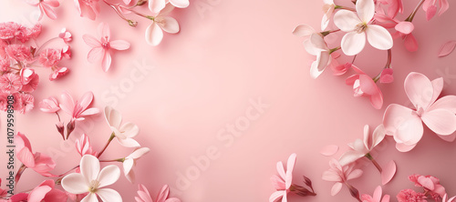 flower leaves frame on pink background 2