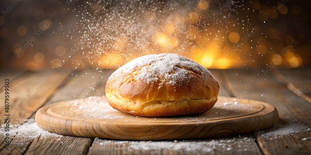 A Single Doughnut, Delicately Dusted with Powdered Sugar, Rests on a Rustic Wooden Cutting Board, Bathed in Warm, Glowing Lights. A Single Doughnut, Delicately Dusted with Powdered Sugar, Rests on a Rustic Wooden Cutting Board, Bathed in Warm, Glowing Lights.