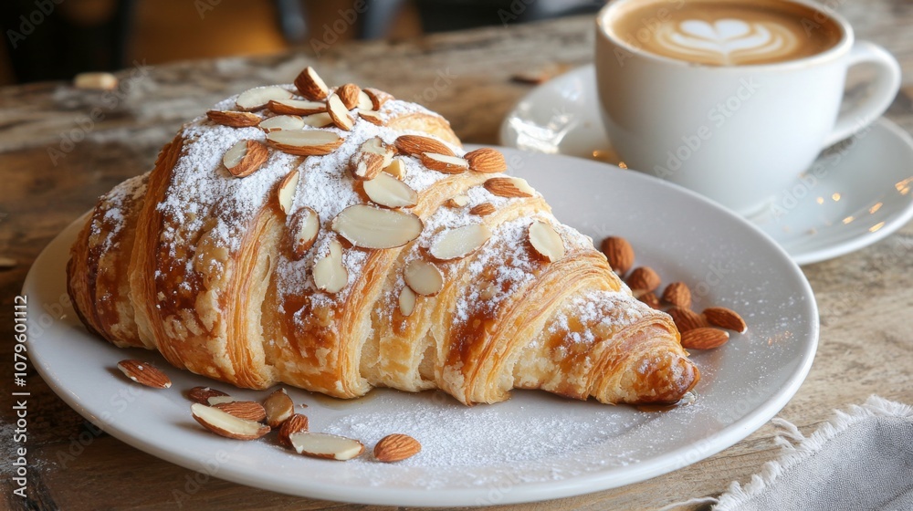 A delightful almond croissant, sprinkled with powdered sugar and sliced almonds, sits beside a latte adorned with art, all in a warm, inviting cafe.