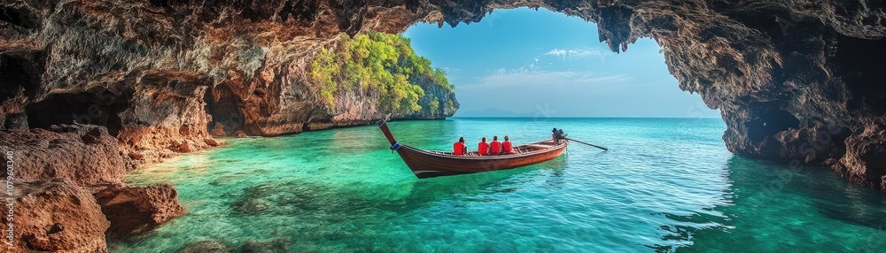 A boat anchored near a cliffside cave, with travelers ready to explore A boat anchored near a cliffside cave, with travelers ready to explore