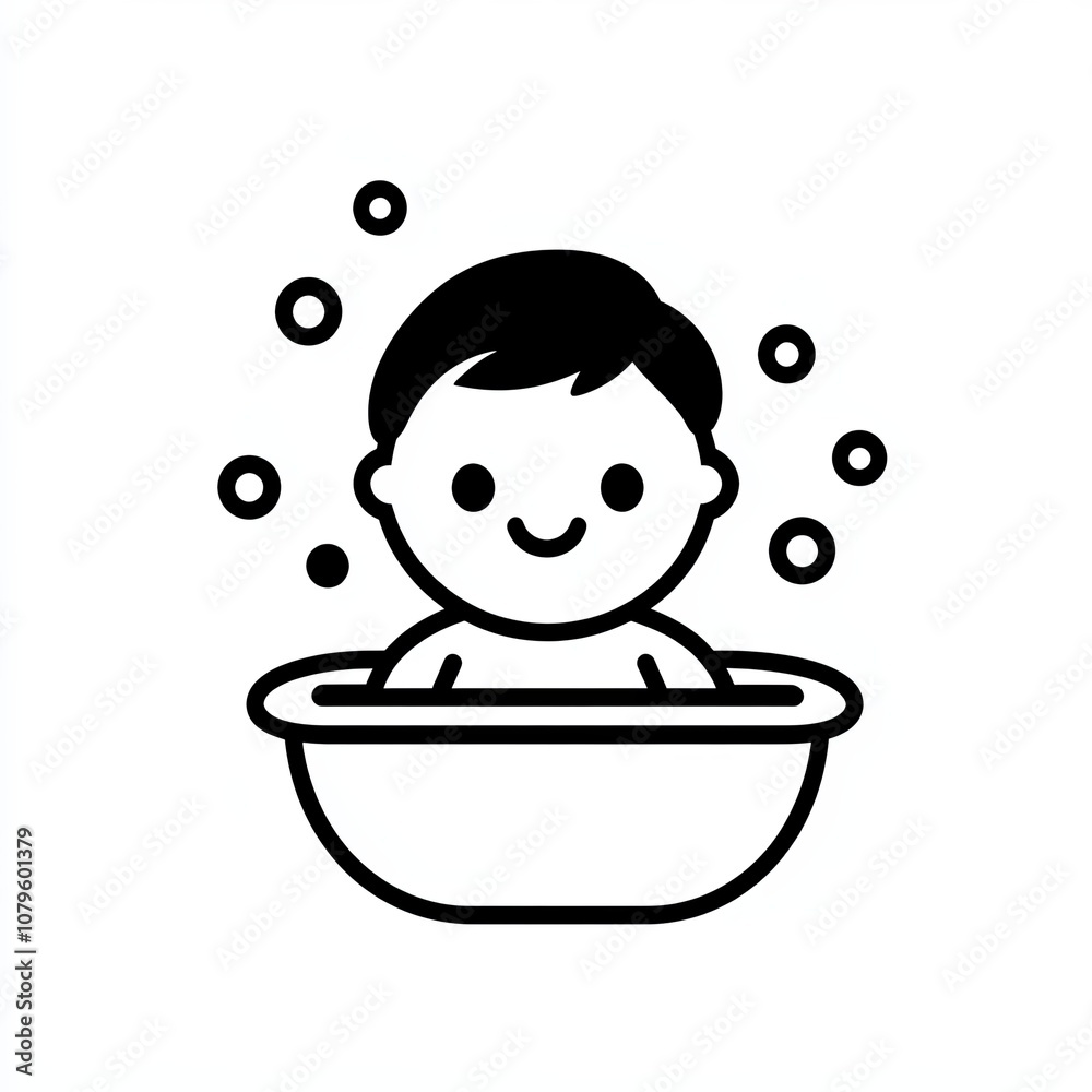 Fototapeta premium A cute icon depicts a baby sitting in a bathtub filled with bubbles, conveying a playful and joyful bath time experience, designed in black and white