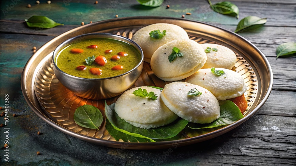 Steamed Rice Cakes Served with a Savory Green Sauce and Fresh Herbs on a Golden Platter Steamed Rice Cakes Served with a Savory Green Sauce and Fresh Herbs on a Golden Platter