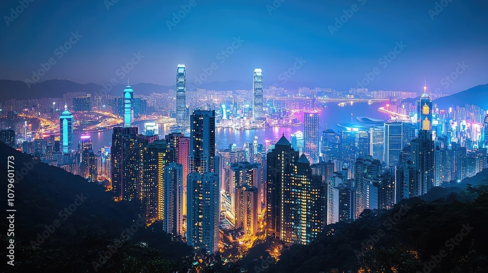 A bustling city skyline at night, with bright lights and tall buildings A bustling city skyline at night, with bright lights and tall buildings