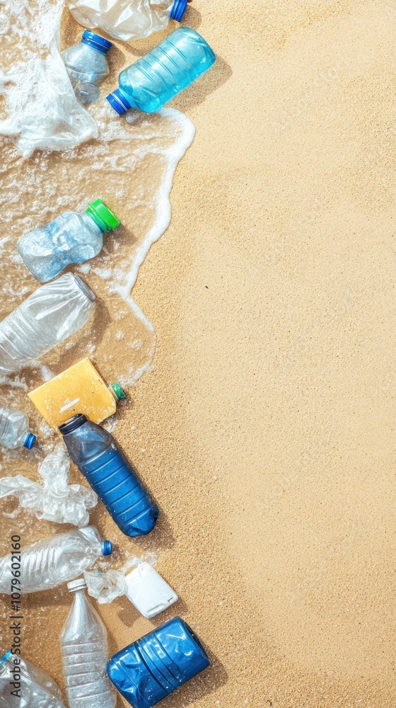 Discarded plastic bottles washed up on a sandy beach, highlighting environmental pollution.