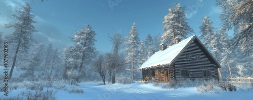 A cabin in a winter wonderland, surrounded by tall snow-laden trees photo