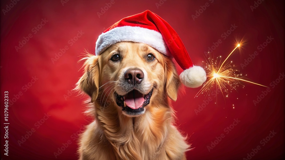 A Golden Retriever sporting a festive red Santa hat, with a joyful expression, looks directly at the viewer, while a glowing sparkler illuminates the background. A Golden Retriever sporting a festive red Santa hat, with a joyful expression, looks directly at the viewer, while a glowing sparkler illuminates the background.