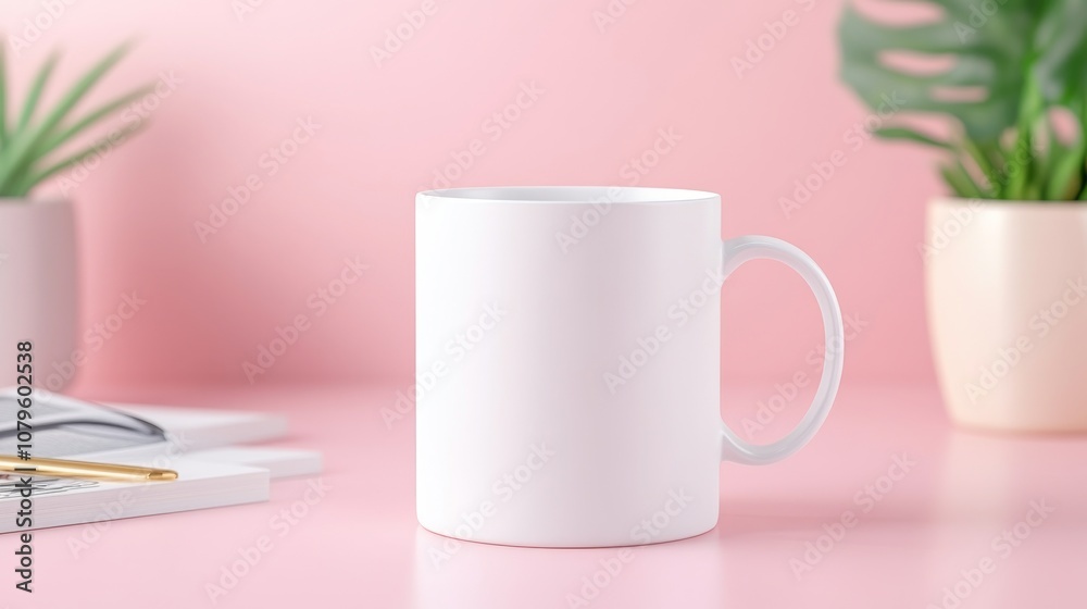 Empty 3D Coffee Mug on Pink Background with Plants Empty 3D Coffee Mug on Pink Background with Plants