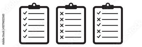 Clipboard icon set. Checklist on the clipboard line icon with checkmarks, checklist, document, gear, pencil. Clipboard outline icons. Checklist symbol. Editable stroke. Vector illustration.