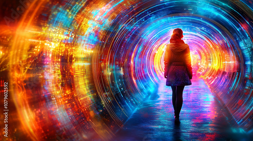 Woman in a glowing neon tunnel with vibrant, futuristic digital light patterns and energy beams
