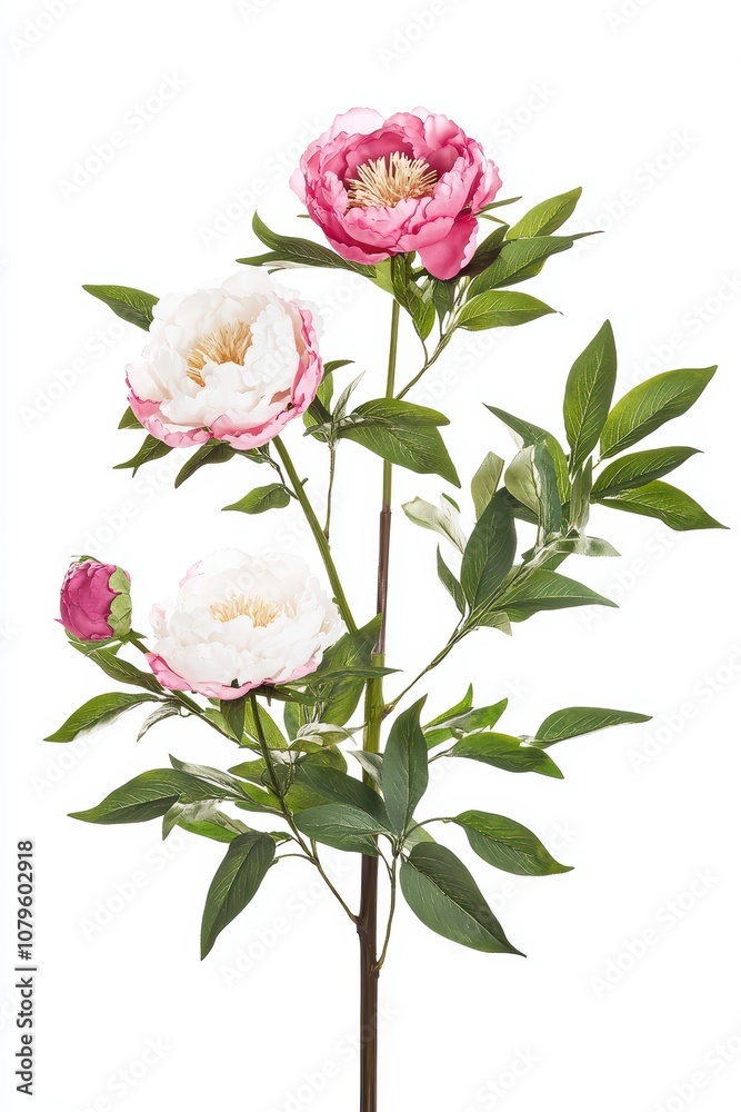 Obraz premium Beautiful Pink and White Peony Flower Arrangement with Lush Green Leaves, Perfect for Home Decor and Floral Design Projects, Capturing Elegance and Nature's Beauty