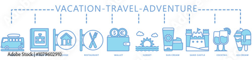 Travel, vacation, adventure dual tone icon banner. contain van, lodge, restaurant, wallet, sun cream, sunset, sand castle and more. Vector EPS 10. for print, UI or UX kit, web and app development.