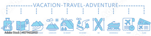 Travel, vacation, adventure dual tone icon banner. contain suitcase, map, ticket, ski resort, snow mobile, mountain, winter, and more. Vector EPS 10. for print, UI or UX kit, web and app development.