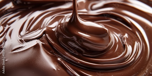 Rich Melting Chocolate Creating Swirls and Glossy Texture in a Close-Up Shot, Perfect for Dessert Inspiration and Culinary Delights