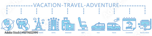 Travel, vacation, adventure dual tone icon banner. contain earth, backpack, baggage, taxi, train, diving, calendar, location and more. Vector EPS 10. for print, UI or UX kit, web and app development.