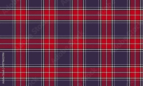 Plaid fabric pattern, purple, red, white, seamless for textiles, and for designing clothes, skirts or decorative fabrics. Vector illustration.