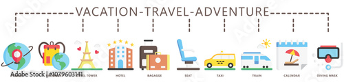 Travel, vacation, adventure flat color icon banner. contain earth, backpack, baggage, taxi, train, diving, calendar, location and more. Vector EPS 10. for print, UI or UX kit, web and app development.