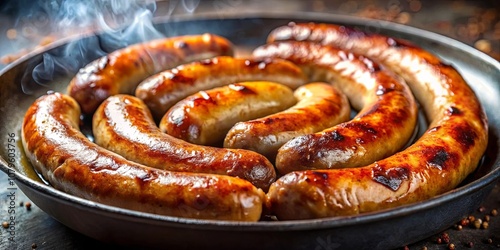 Golden-brown Sausages Sizzle in a Cast Iron Pan, A Culinary Symphony of Flavor and Texture