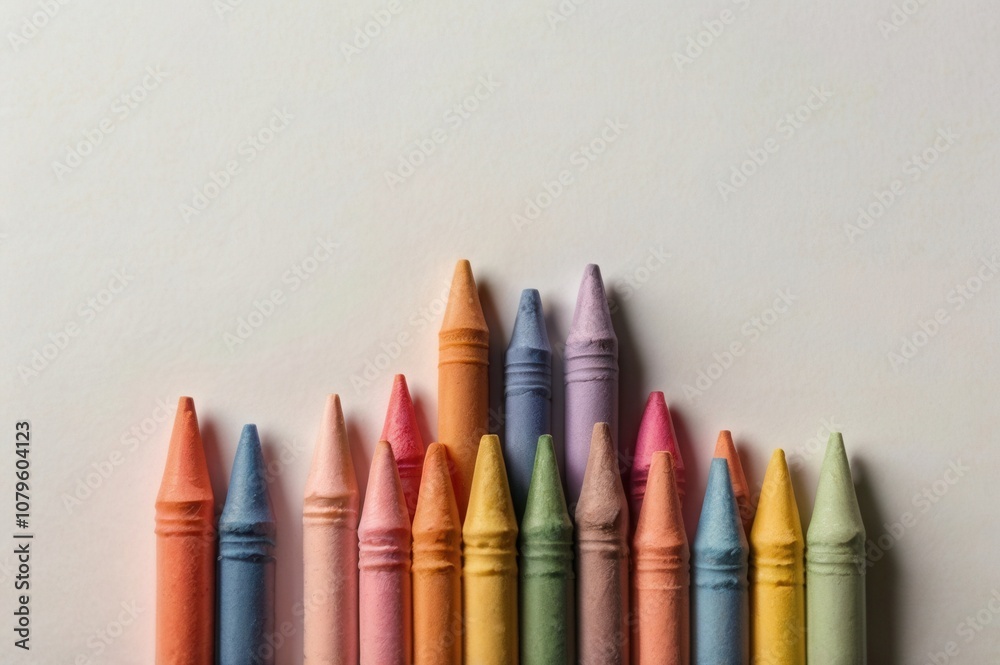A collection of bright pastel crayons in a row, arranged neatly on a white surface A collection of bright pastel crayons in a row, arranged neatly on a white surface