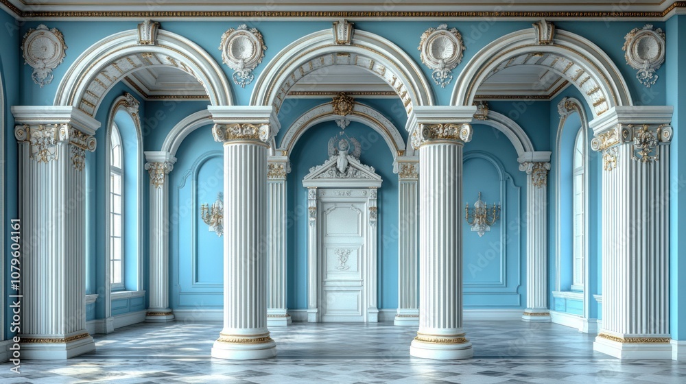 Elegant interior of a grand room with arches and decorative elements. Elegant interior of a grand room with arches and decorative elements.